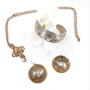 Elephant Vintage Bronze Silver Jewelry Necklace Bracelet Earrings Bundle Lot